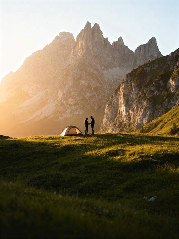 山巅露营 情侣剪影图片