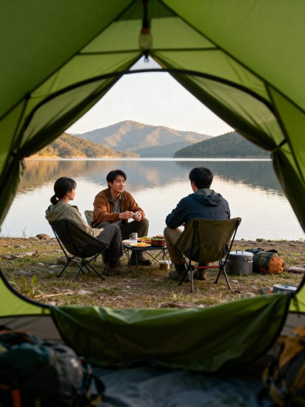 湖畔露营三人行图片