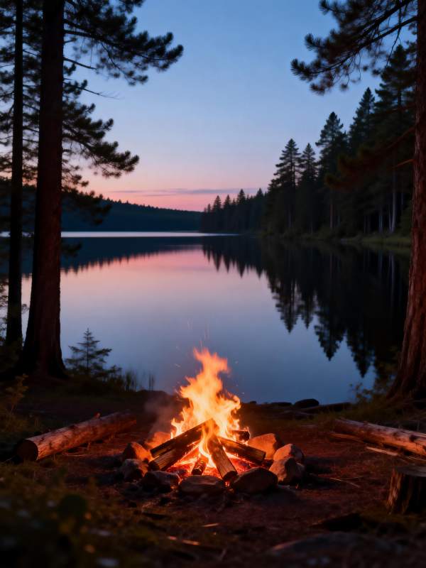 湖畔篝火夜景图片