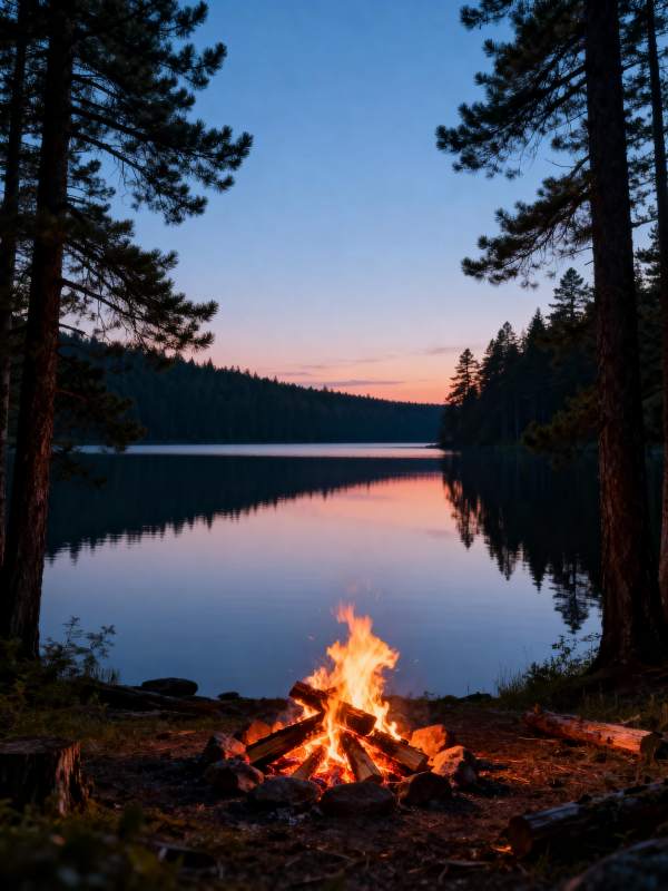 湖畔篝火夜景图片