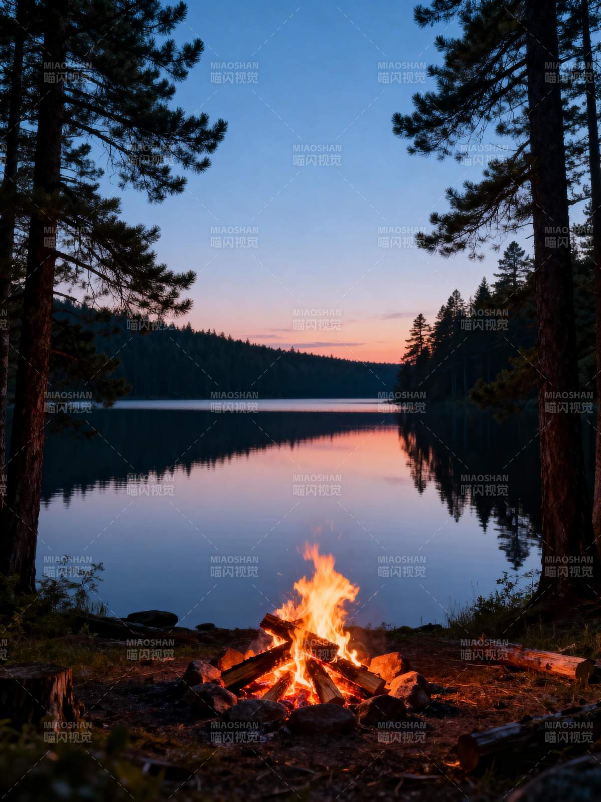 湖畔篝火夜景图片
