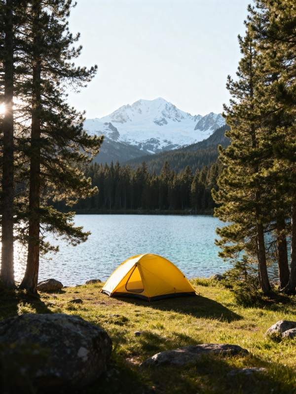 湖畔雪山露营图片
