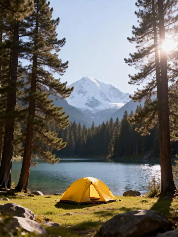 雪山湖畔露营图片