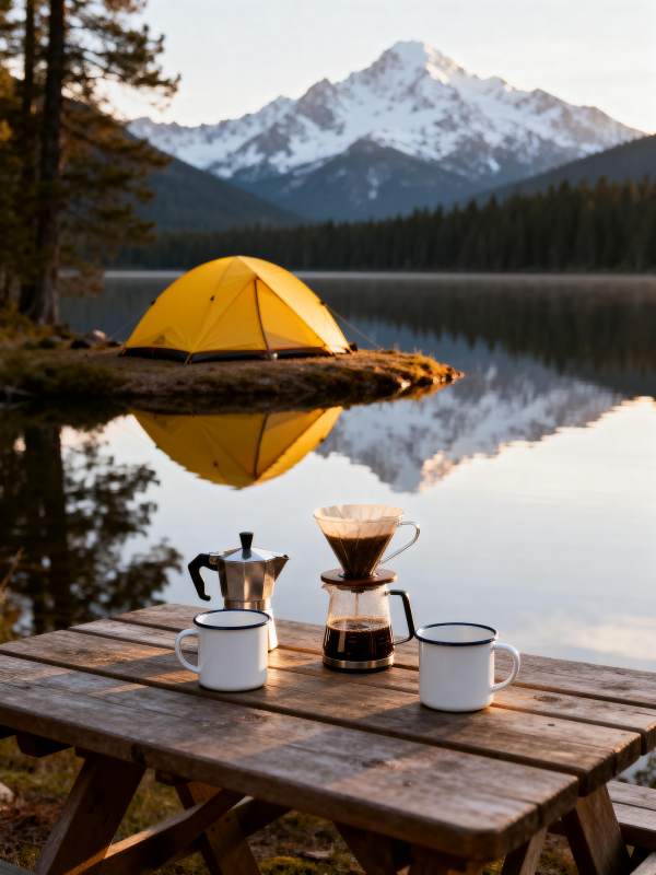 湖畔露营煮咖啡图片