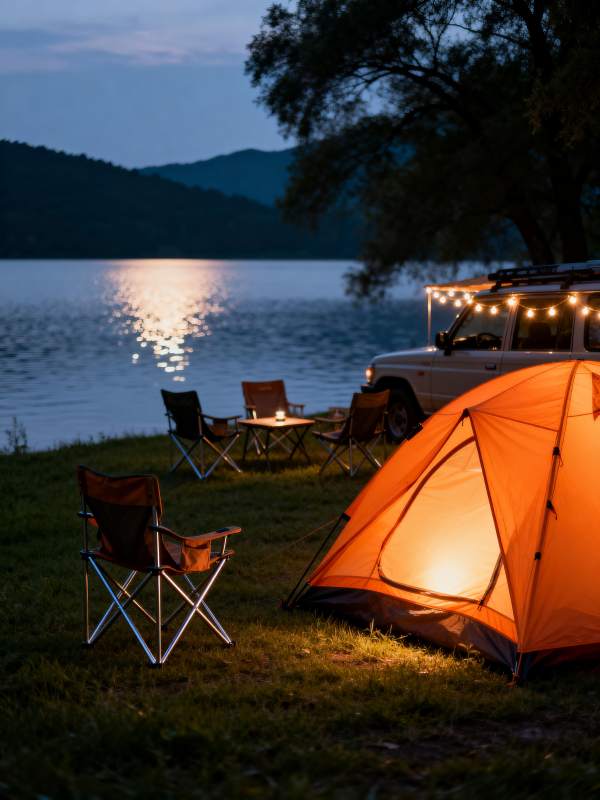 湖畔露营夜景图片