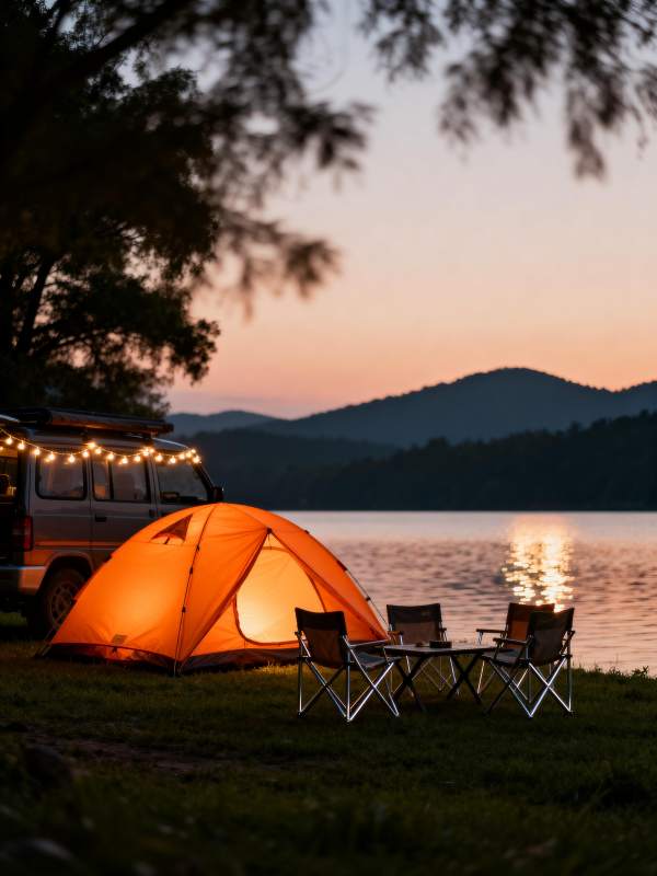 湖畔露营夜景图片