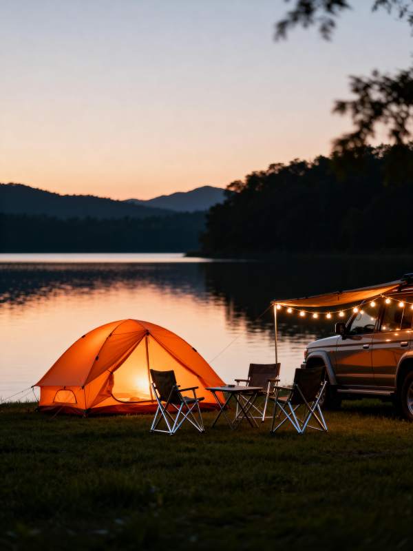 湖畔露营夜景图片