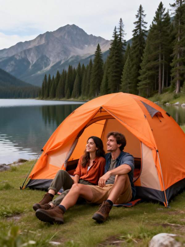 湖畔露营 共赏山景图片