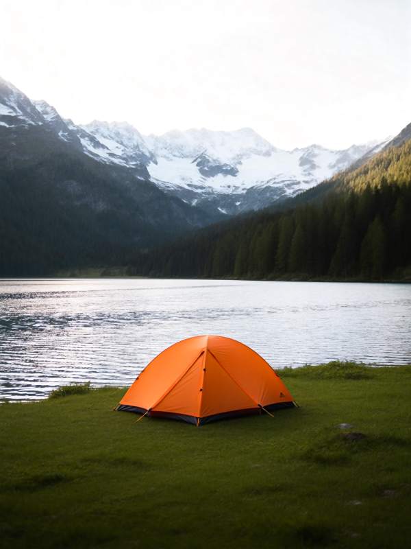湖畔橙帐雪山景图片
