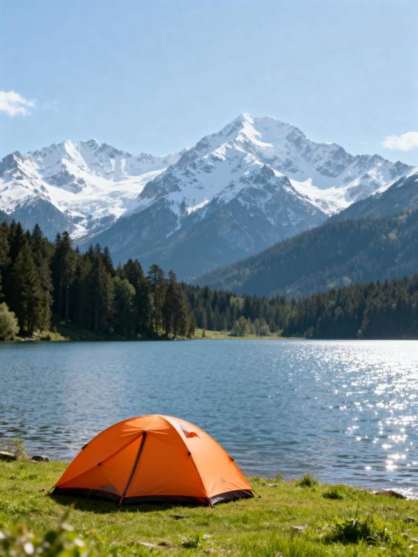 雪山湖畔橙色帐篷图片