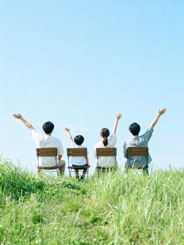 一家四口仰望蓝天图片