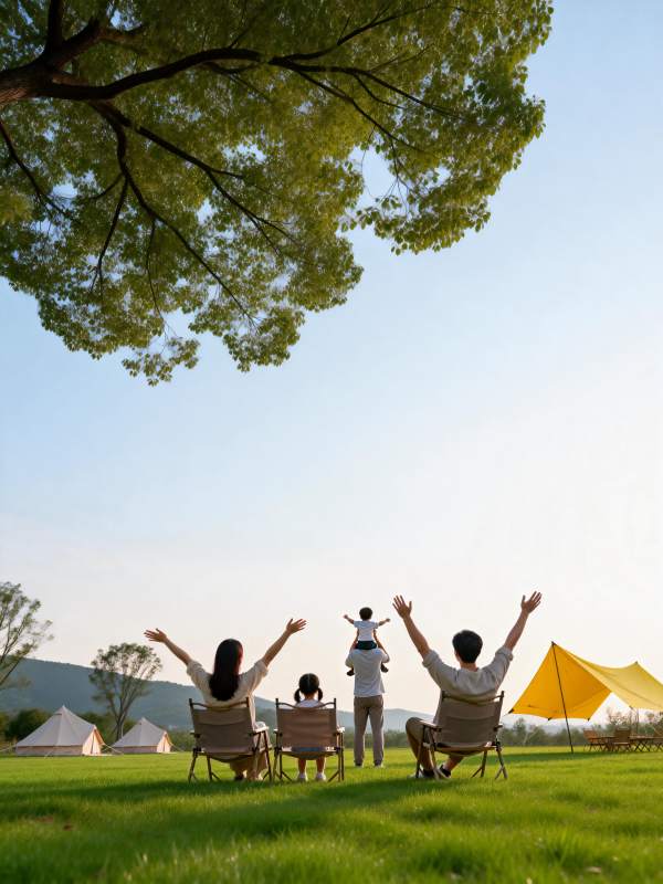 树下一家四口野餐图片