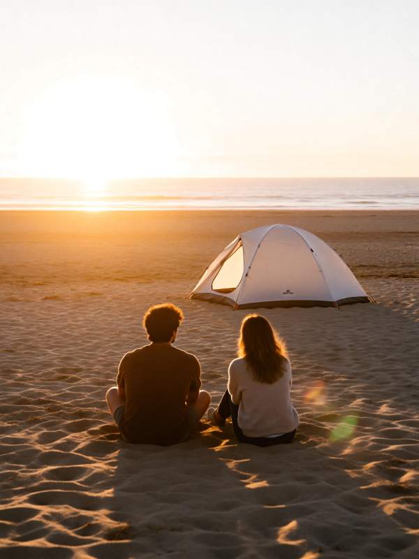 沙滩日落露营图片