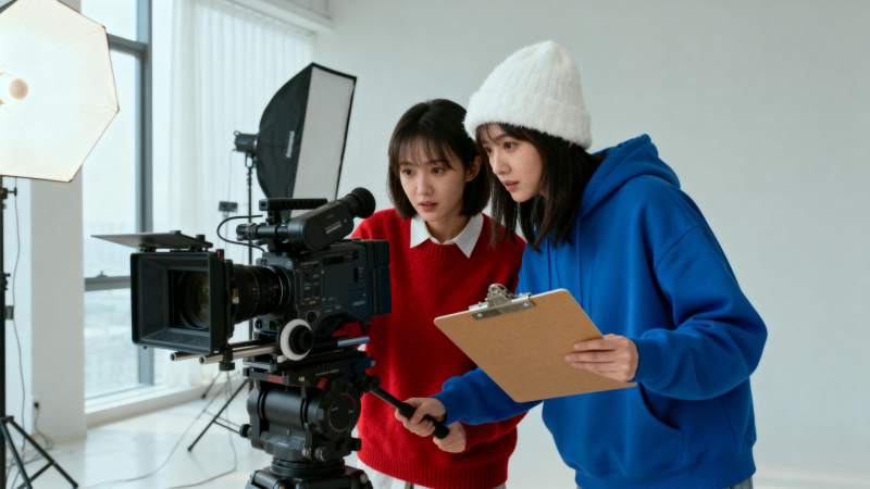 拍摄现场的两位女生图片