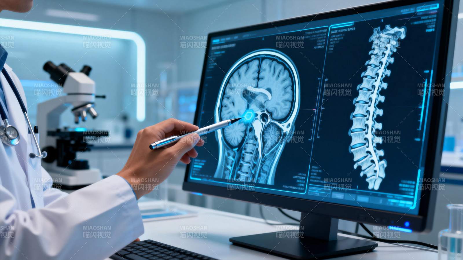 医生分析脑脊髓影像图片