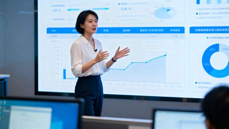 女性在做数据汇报图片