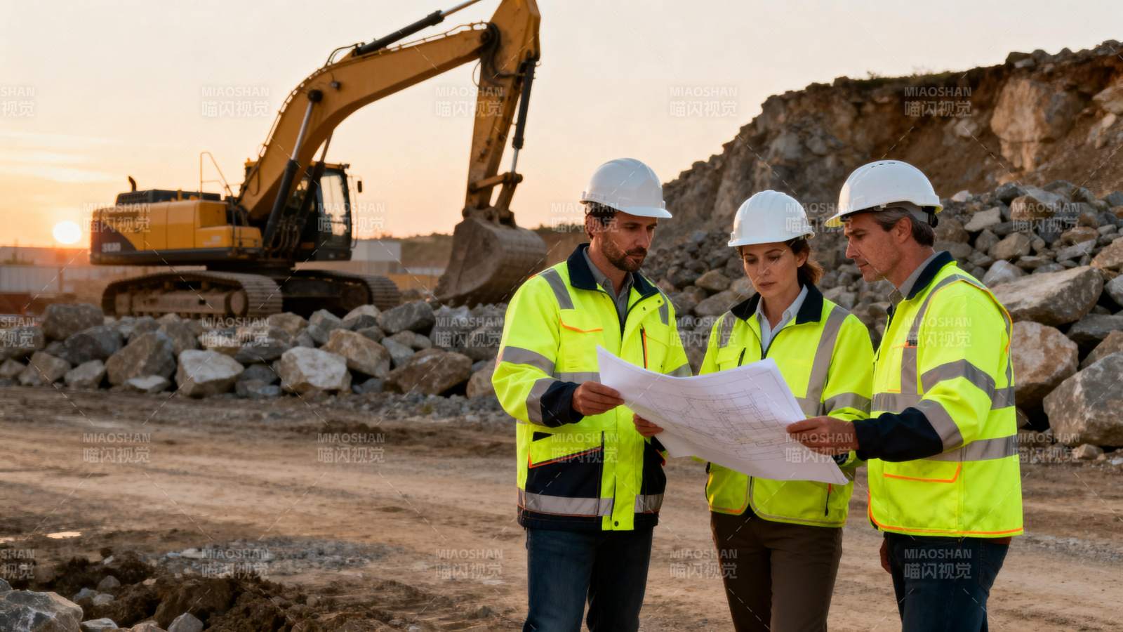 工地三人看图纸图片