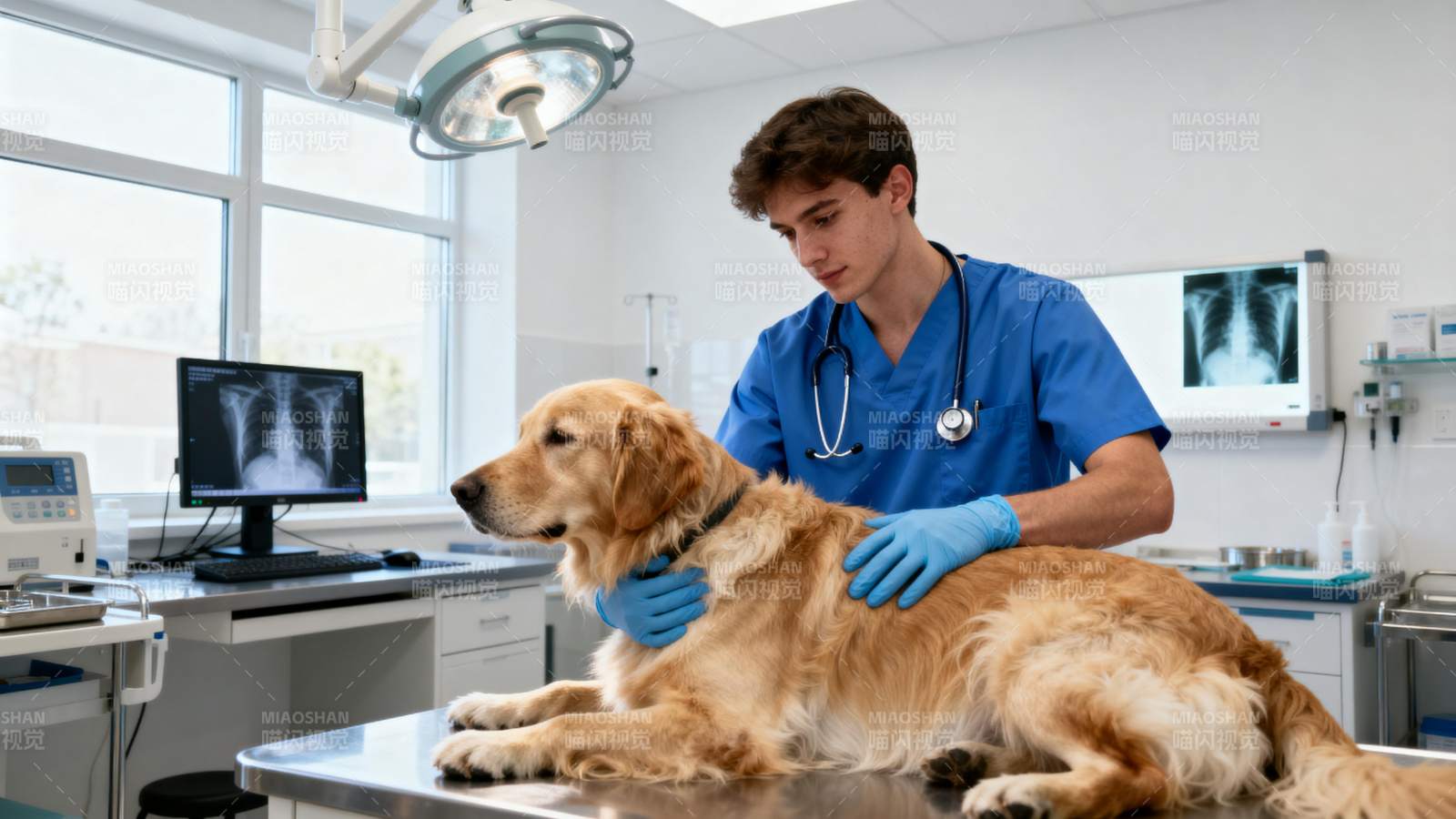 兽医检查金毛犬图片