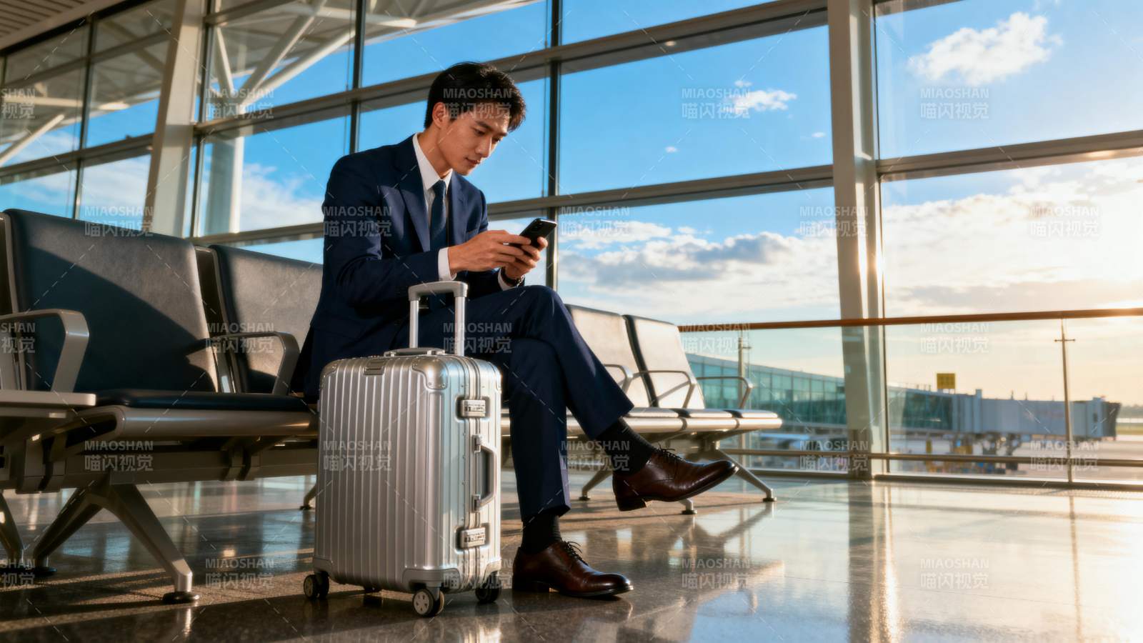 机场候机 男士看手机图片