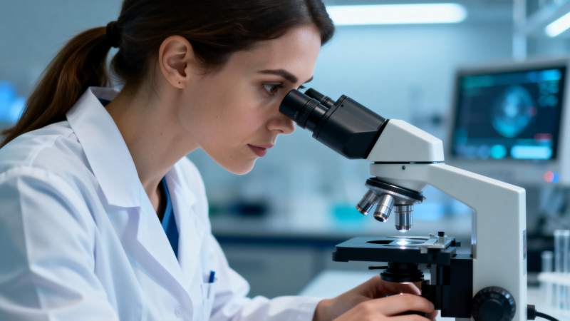 科学家专注显微镜观察图片