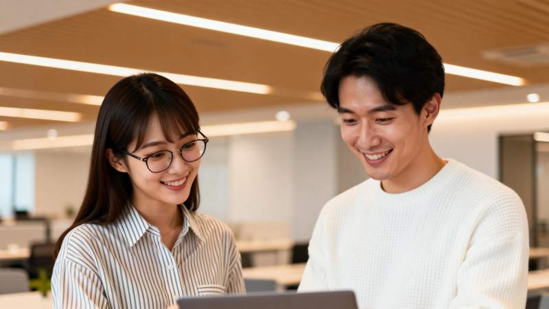 两人共看电脑微笑图片