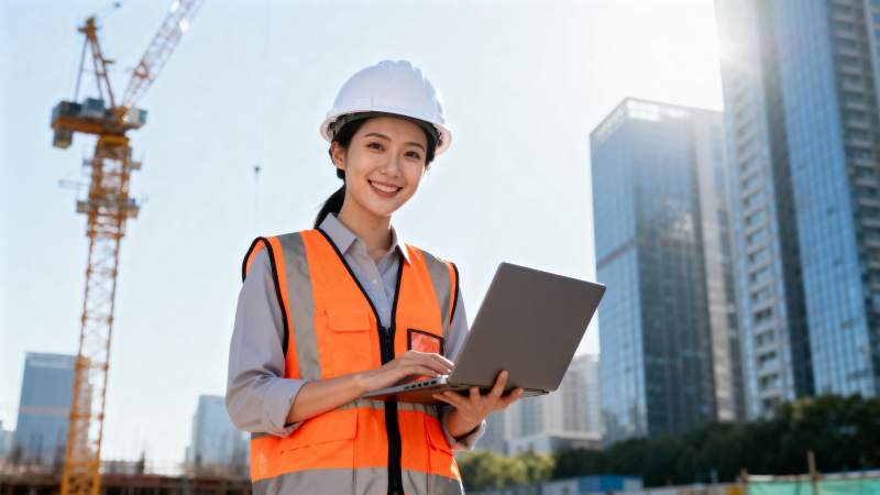 工地女工程师微笑工作图片