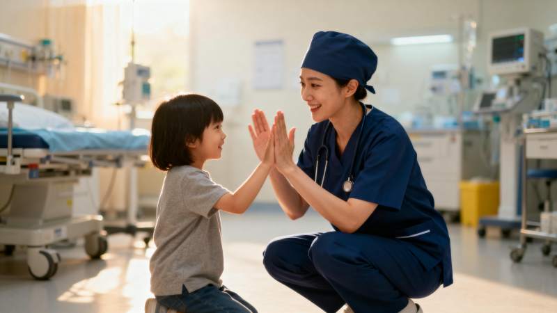 医护与童击掌微笑图片