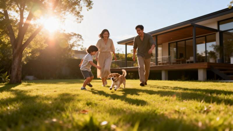 家庭与狗在庭院嬉戏图片