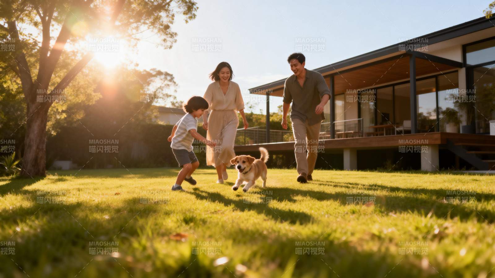 家庭与狗在庭院嬉戏图片