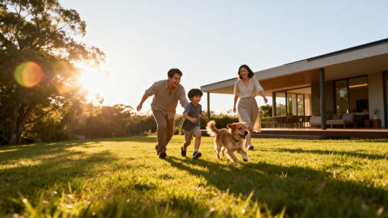 家庭与狗奔跑在草坪上图片