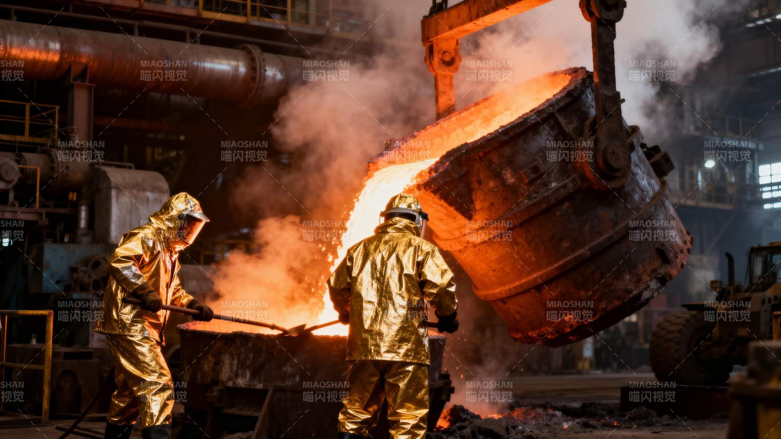 炼钢工人浇铸铁水图片