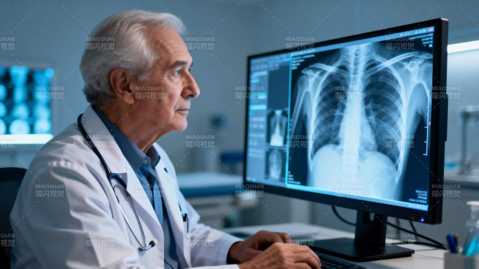 医生查看肺部X光片图片