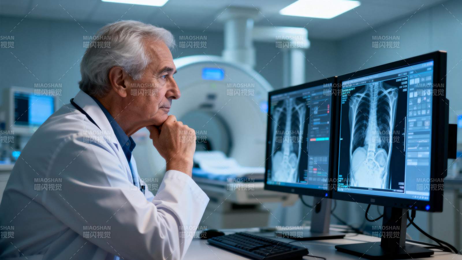 医生专注分析肺部影像图片