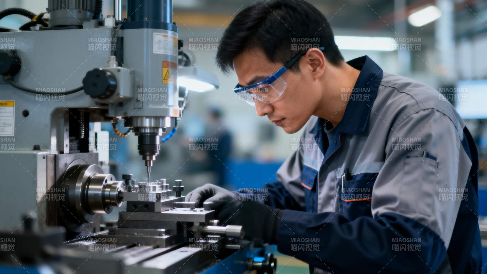 工人专注操作机床图片