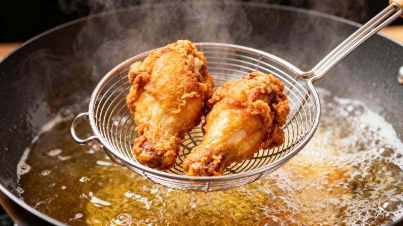 金黄炸鸡腿出锅图片