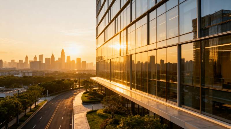 城市晨曦映玻璃楼图片