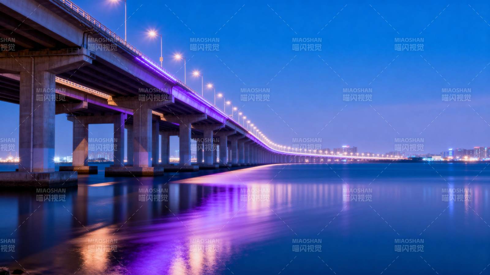 夜桥霓虹映水图片