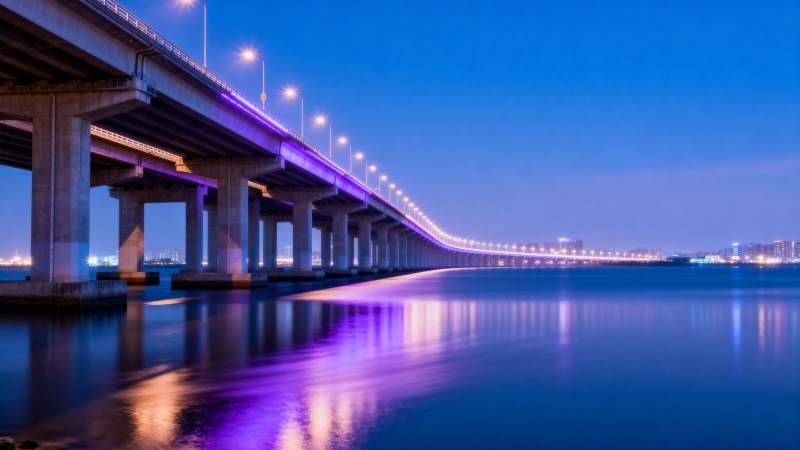 夜桥霓虹映水图片