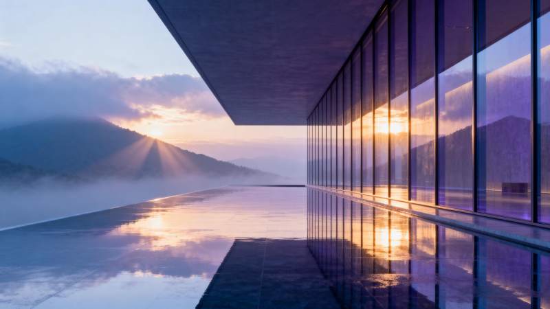 山间泳池日出美景图片