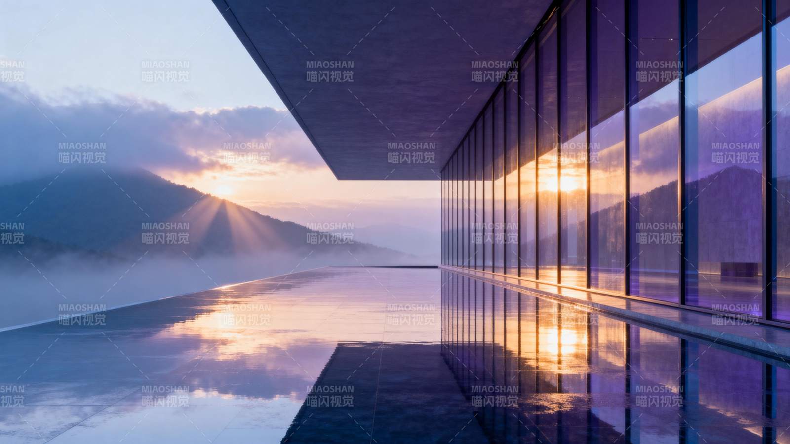 山间泳池日出美景图片