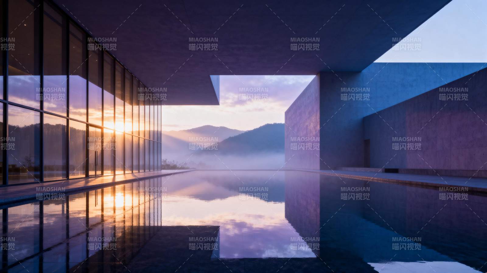 暮色泳池倒影山峦图片