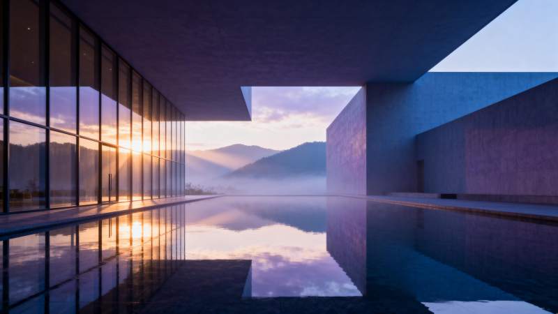 暮色泳池倒影山峦图片