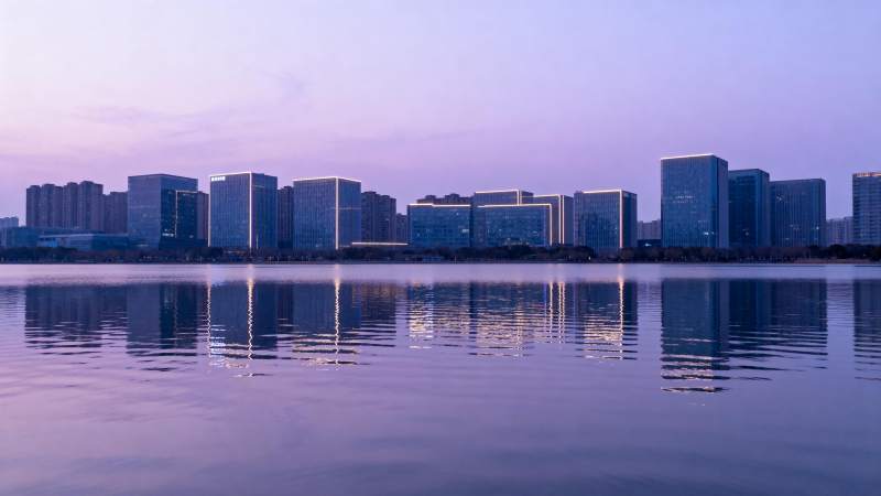 湖畔城市剪影图片