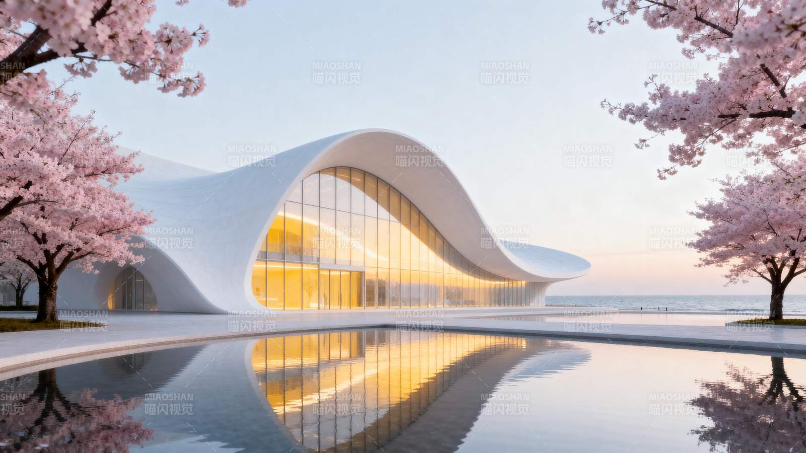 樱花映衬的现代建筑图片