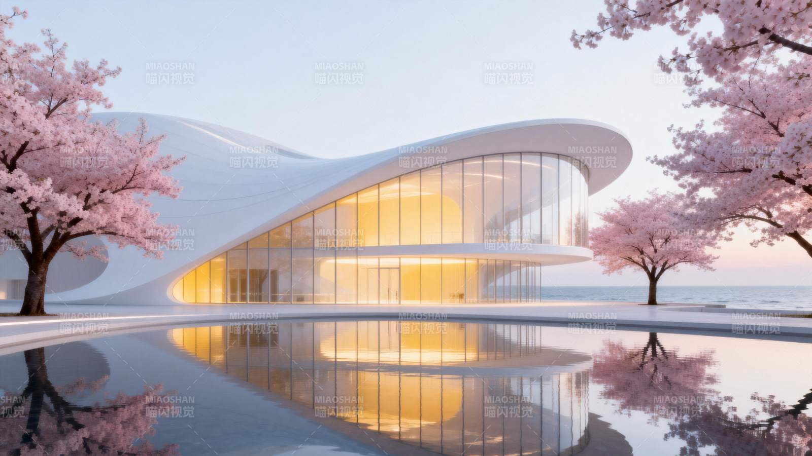 樱花映照现代建筑图片