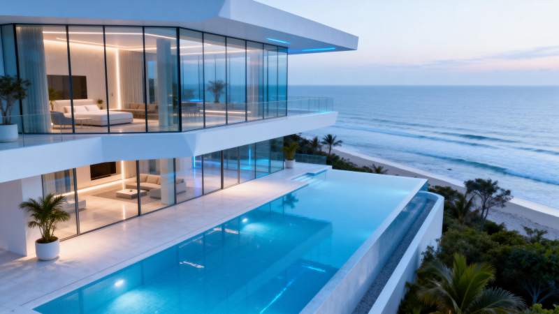 海边豪宅泳池夜景图片