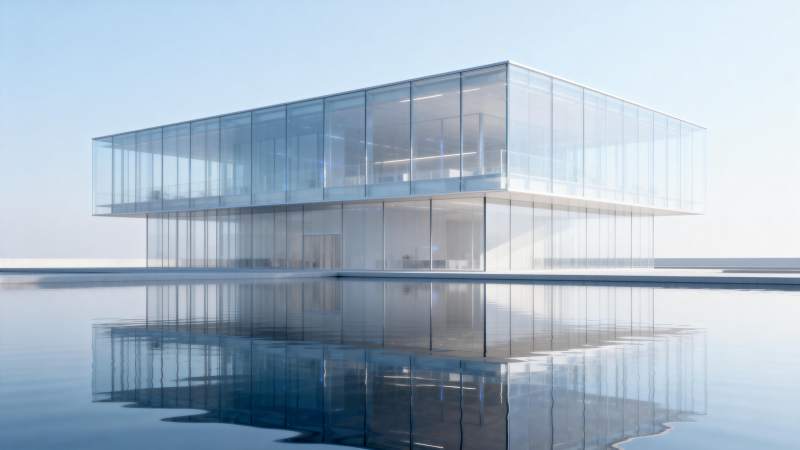 玻璃建筑倒影湖中图片