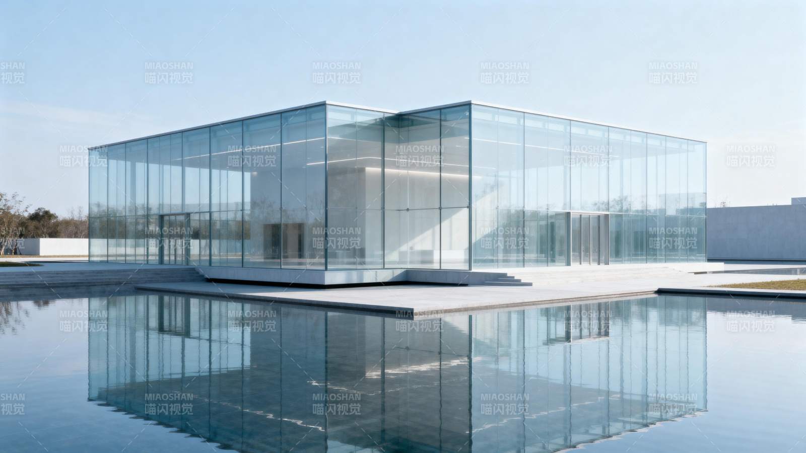 玻璃建筑倒影水景图片