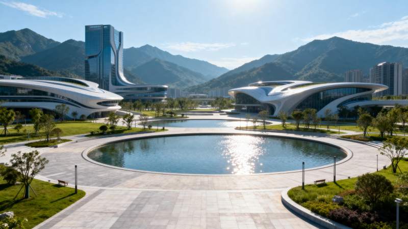 现代建筑群与山水相映图片