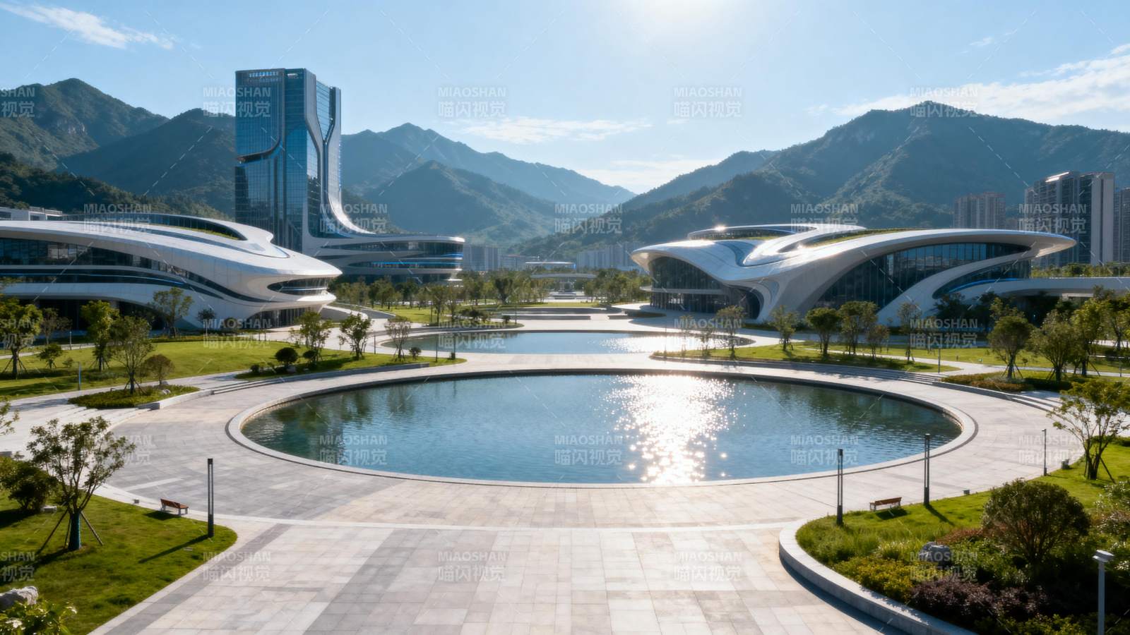 现代建筑群与山水相映图片